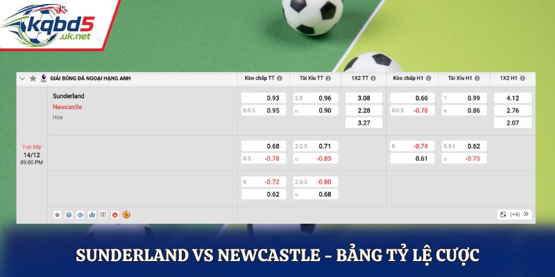 Bảng kèo nhà cái giữa Sunderland vs Newcastle 21h00 14/12/2025